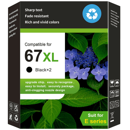 67XL Black Ink Cartridge Compatible for HP 67 Black Ink Cartridge for HP Ink 67 Black for DeskJet 2852e 2842e 4252e Printer (2 Pack)