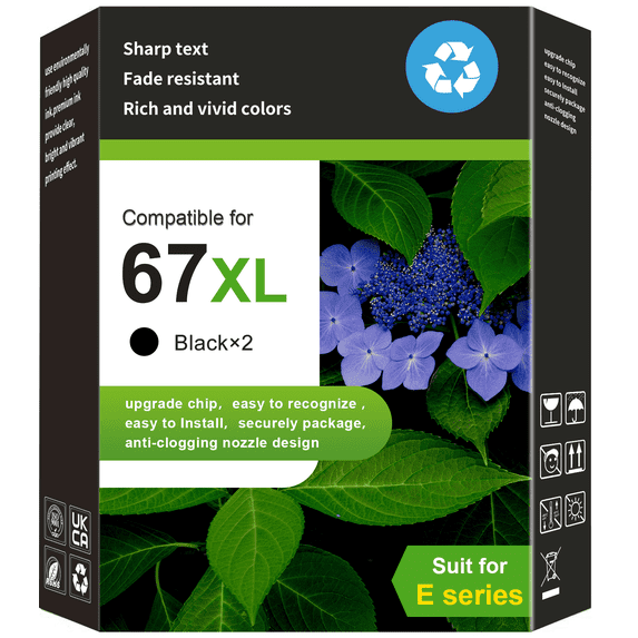 67XL Black Ink Cartridge Compatible for HP 67 Black Ink Cartridge for HP Ink 67 Black for HP DeskJet 2852e 2842e 4252e Printer (2 Pack)