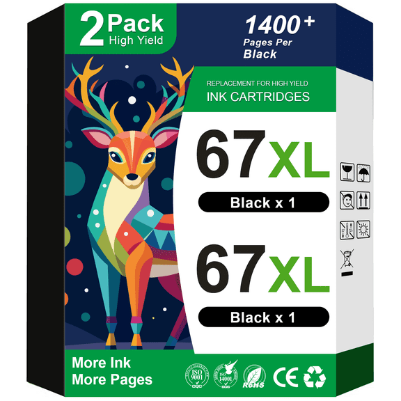 67 Ink Cartridge Black Compatible for HP 67XL Black Ink Cartridge for Printer Ink HP 67 for 2852e 2842e 2700 2752e 2742e 6000 6055e (2 Pack)