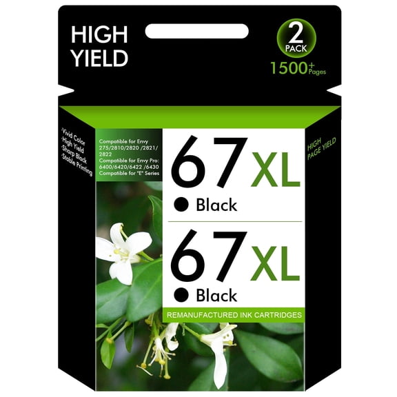 67XL Black Ink Cartridge 2-Pack Black Ink Compatible for HP 67 Ink Cartridges for DeskJet 2752e 2700 2700e 2855e 2755e 2755e 4155e 4255e Envy Pro 6455 6458 6000 6400 6055e Printer