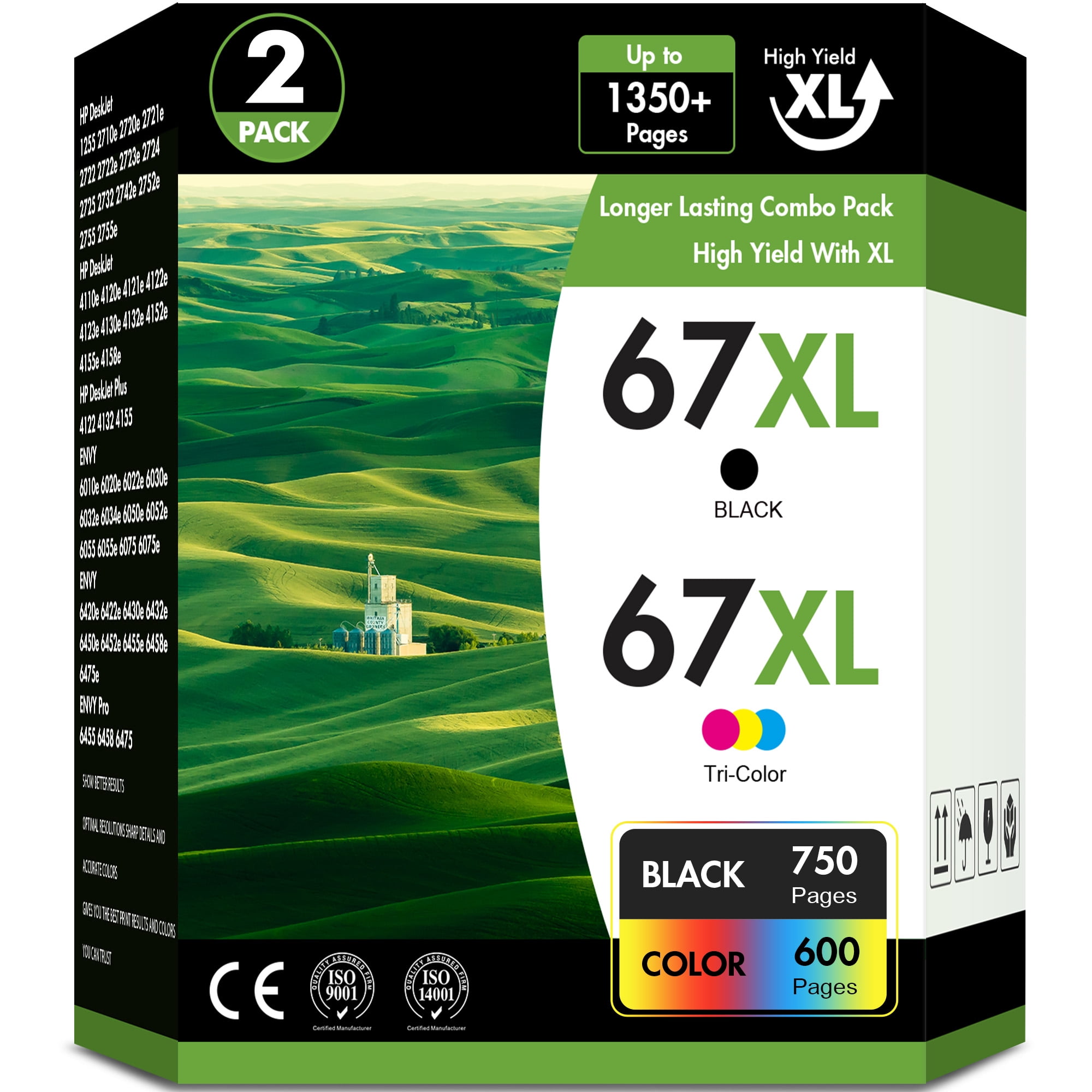 67XL Ink Cartridge 2 Pack Black Tri-Color Compatible for HP 67 67XL Ink DeskJet 2742e ENVY 6458e Printer
