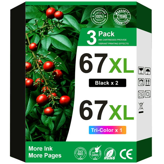 67XL Ink Cartridge Compatible for HP 67 Ink Cartridge for HP Ink 67 (2 Black, 1 Tri-Color)