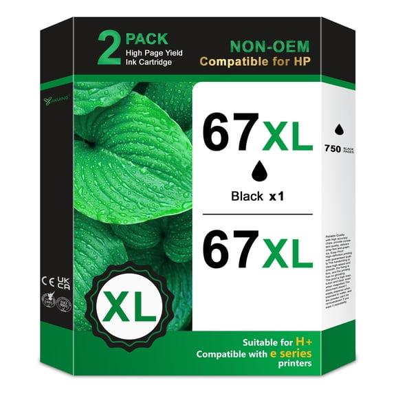 67XL Ink Cartridges 2 Pack Black 67 XL Compatible for HP 67 Ink for DeskJet 2710 / 2720 / 4100 / 4120, Envy 6020 / 6022 / 6420 Printers.