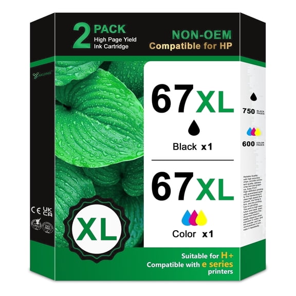 67XL Ink Cartridges 2 Pack Black / Tri-Color 67 XL Compatible for HP 67 Ink for DeskJet 2710 / 2720 / 4100 / 4120, Envy 6020 / 6022 / 6420 Printers.