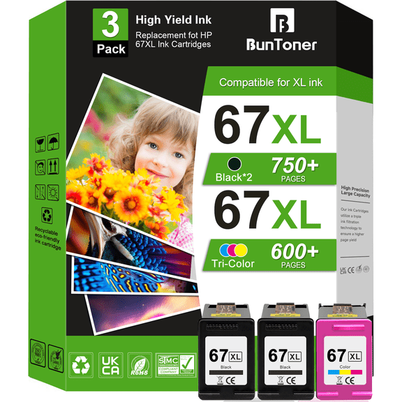 67XL Ink Cartridges for HP 67 Ink Cartridge Compatible for HP Printer Ink 67 for Deskjet 2755 4155 ( 2 Black and Tri-Color)
