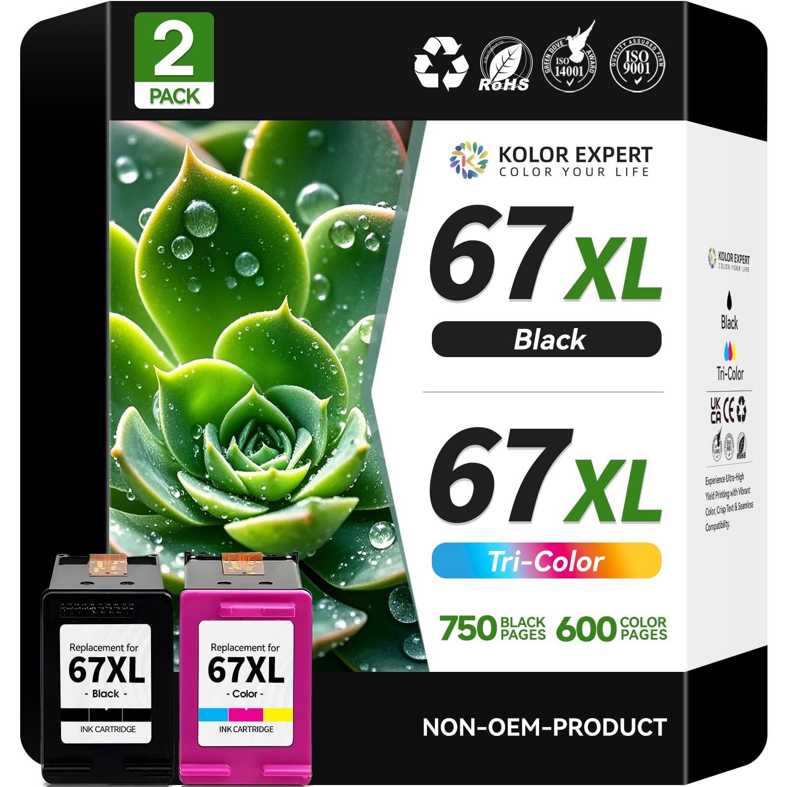 67XL Ink Cartridges for HP 67 Ink Cartridges for HP Deskjet 2700 Printers (Black, Tri-Color) Compatible