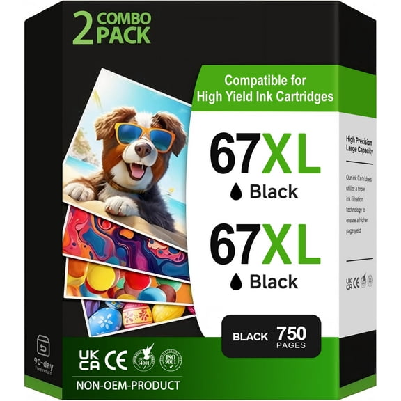 67XL Ink Compatible for HP 67 Ink Cartridge for Envy 6055 6052 6075 Envy Pro 6455 6475 6458 DeskJet 4155 Printer ( Black,2 Packs )
