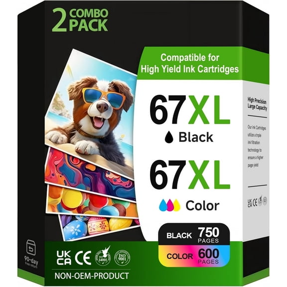 67XL Ink Cartridge Compatible for HP 67 Ink Cartridges Combo for 67XL Ink Cartridges Black and Tri-Color for HP Deskjet 2742e 2755e (Black, Tri-Color,2 Pack)