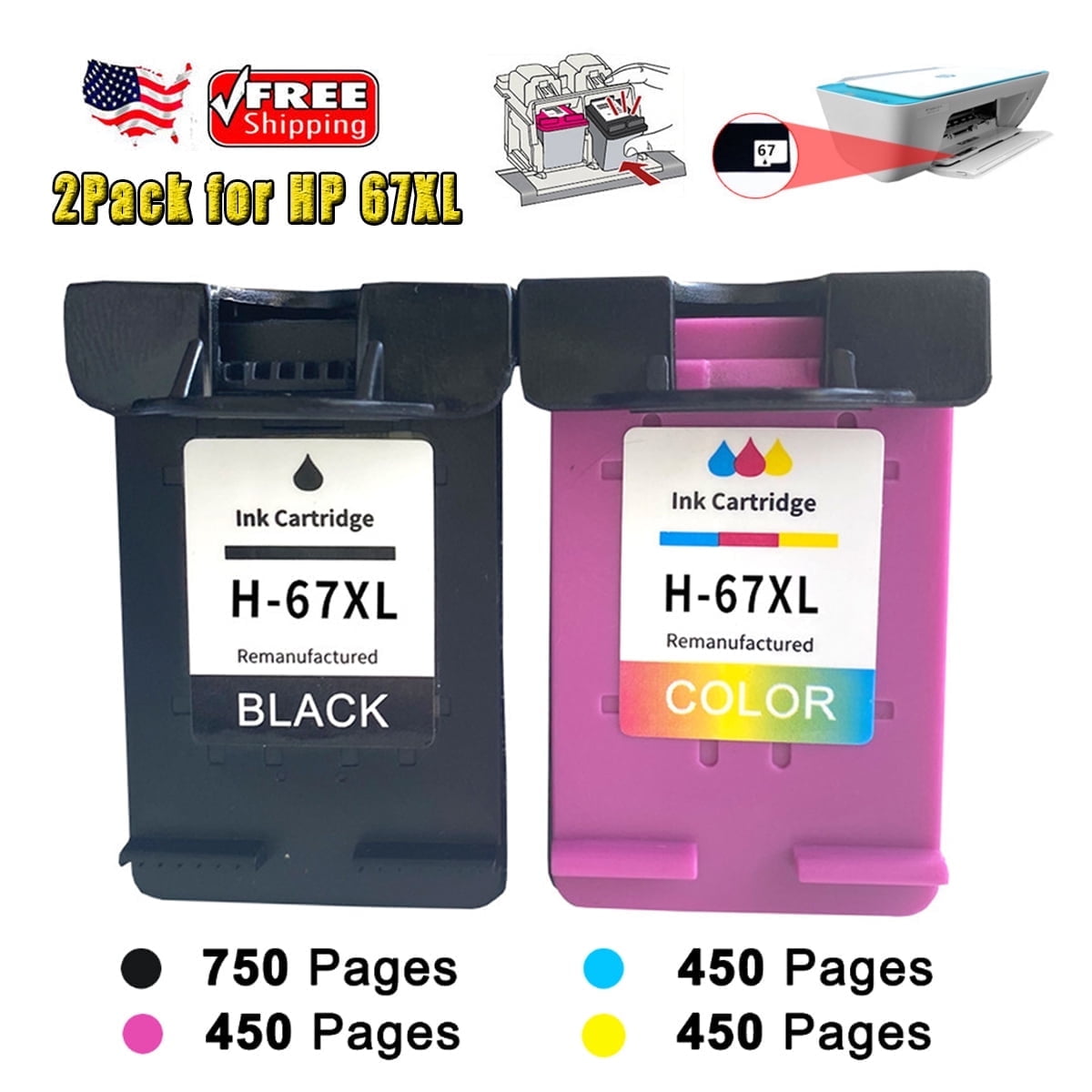 67XL Toner Cartridges for HP Deskjet 2700e 2755e 2752e 2742e Envy 6055