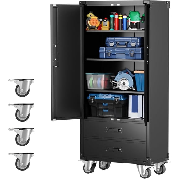 67in Garage Storage Cabinet with Door Pegboard,Lockable Metal Storage Cabinet with Adjustable Shelves, Heavy Duty Rolling Storage Cabinet for Garage Home,Required Assembly,Black