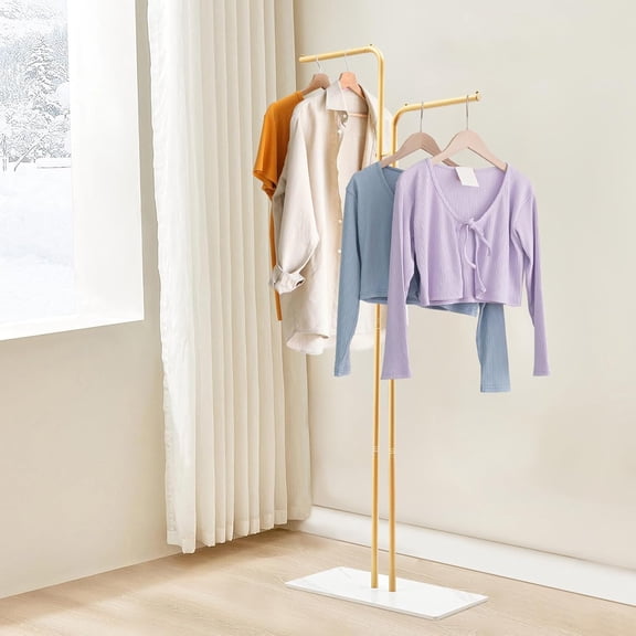 67in-Gold Clothing Rack with Base, Double Rod Freestanding Coat Rack Hanging Clothes, Bags, Hat and Shoes for Entryway Bedroom Garment Organizer, Clothing Stores Boutique Retail, Studio