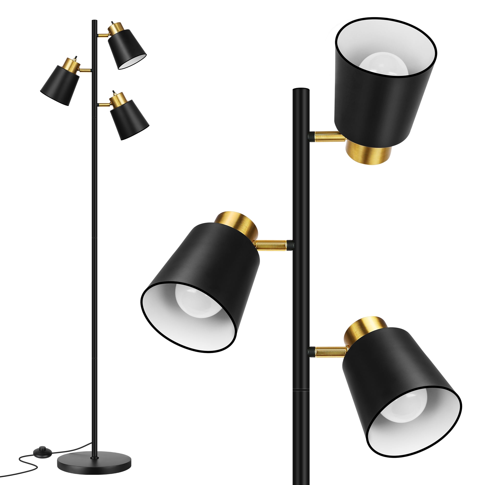 67in Tree Floor Lamp for Living Room, 3 Rotatable Light Heads Standing Floor Lamp, Industrial Tall Lamp Reading Lighting for Bedroom Study Office Decor, Black Gold