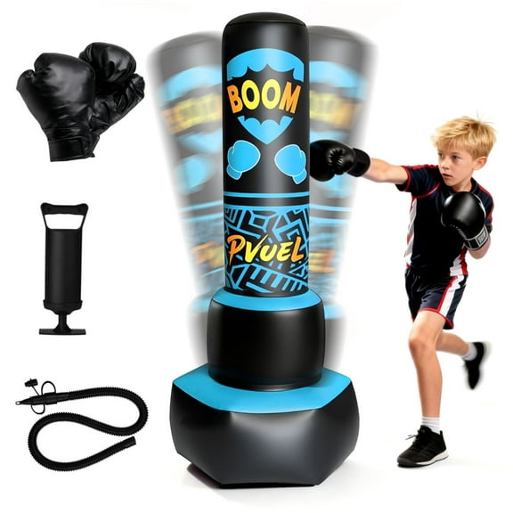 67inch Boxing Punching Bag Set for Adults Teens, Inflatable Boxing Freestanding with Gloves, Pump for Kids Children Youth Men Boxing Training Equipment MMA Fitness Home Gym, Blue