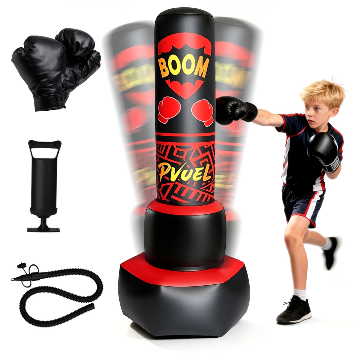 67inch Boxing Punching Bag Set for Adults Teens, Inflatable Boxing Freestanding with Gloves, Pump for Kids Children Youth Men Boxing Training Equipment MMA Fitness Home Gym, Red