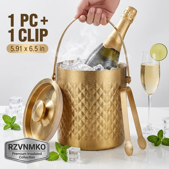 67oz Ice Bucket with Handles, with Lid, Tongs - Well Made Insulated Stainless Steel Keep Ice Frozen Longer,Galvanized Metal Ice Bucket, Drink and Wine Chiller for Bar, Party, BBQ(Gold)