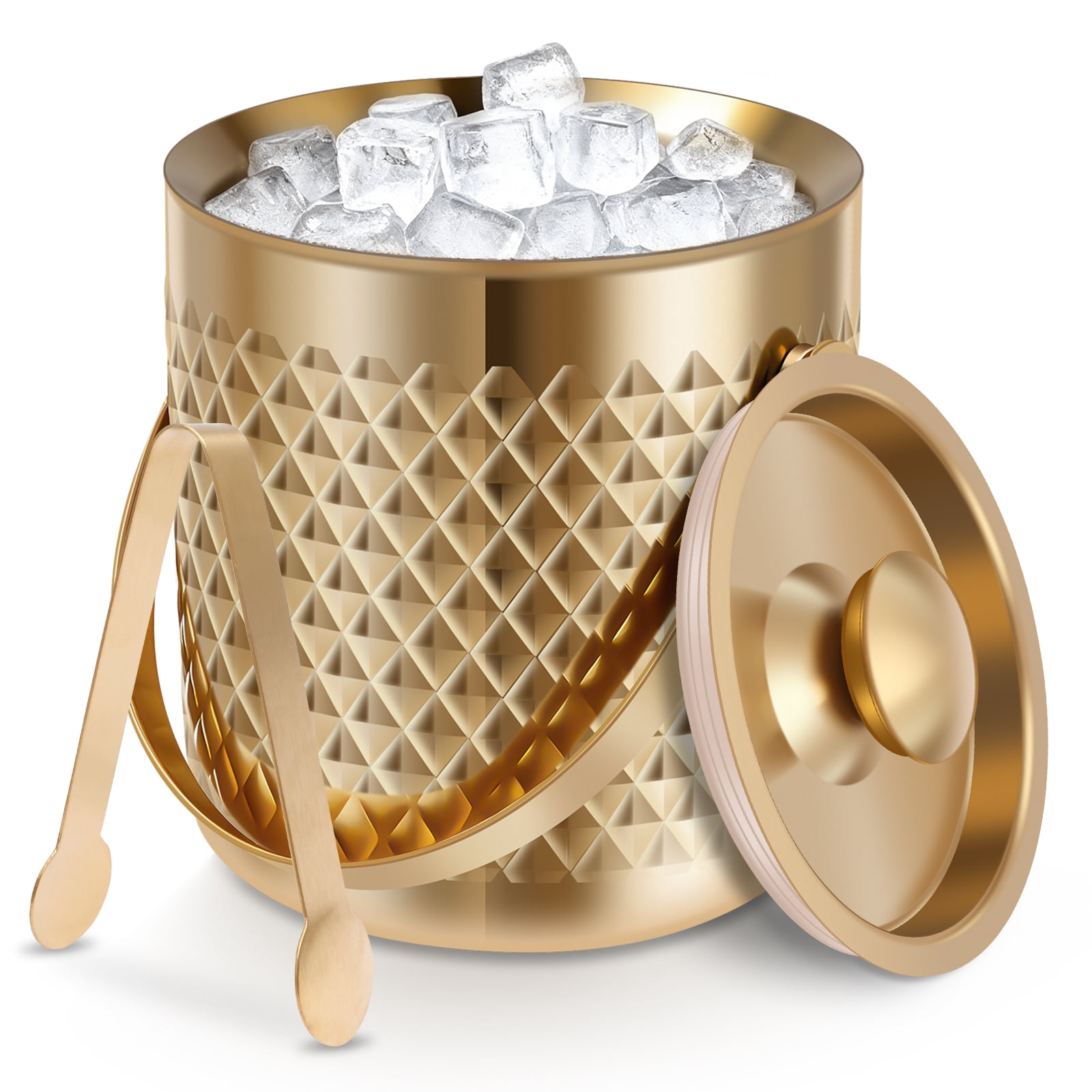 67oz Ice Bucket with Handles, with Lid, Tongs - Well Made Insulated Stainless Steel Keep Ice Frozen Longer,Galvanized Metal Ice Bucket, Drink and Wine Chiller for Bar, Party, BBQ(Gold)