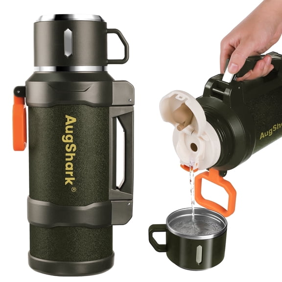 67oz Large Coffee Cup for Hot Drinks Stainless Steel 67oz Insulated Water Bottle With Cup and Handle Leakproof Water Flasks Keep Cold 48h Hot 48h for Camping Gathering Fishing (Matte Green)