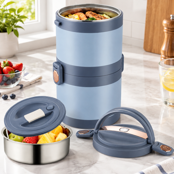 67oz Thermo for Hot Food, 2 Tier Stackable Food Thermos (Blue)