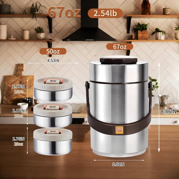 67oz Upgraded for Hot Food, 3-Layer Stackable Food , Soup Jar with Insulated Bag, Ideal for Office, Outdoor Meals, and Various Occasions (67 oz Silver)