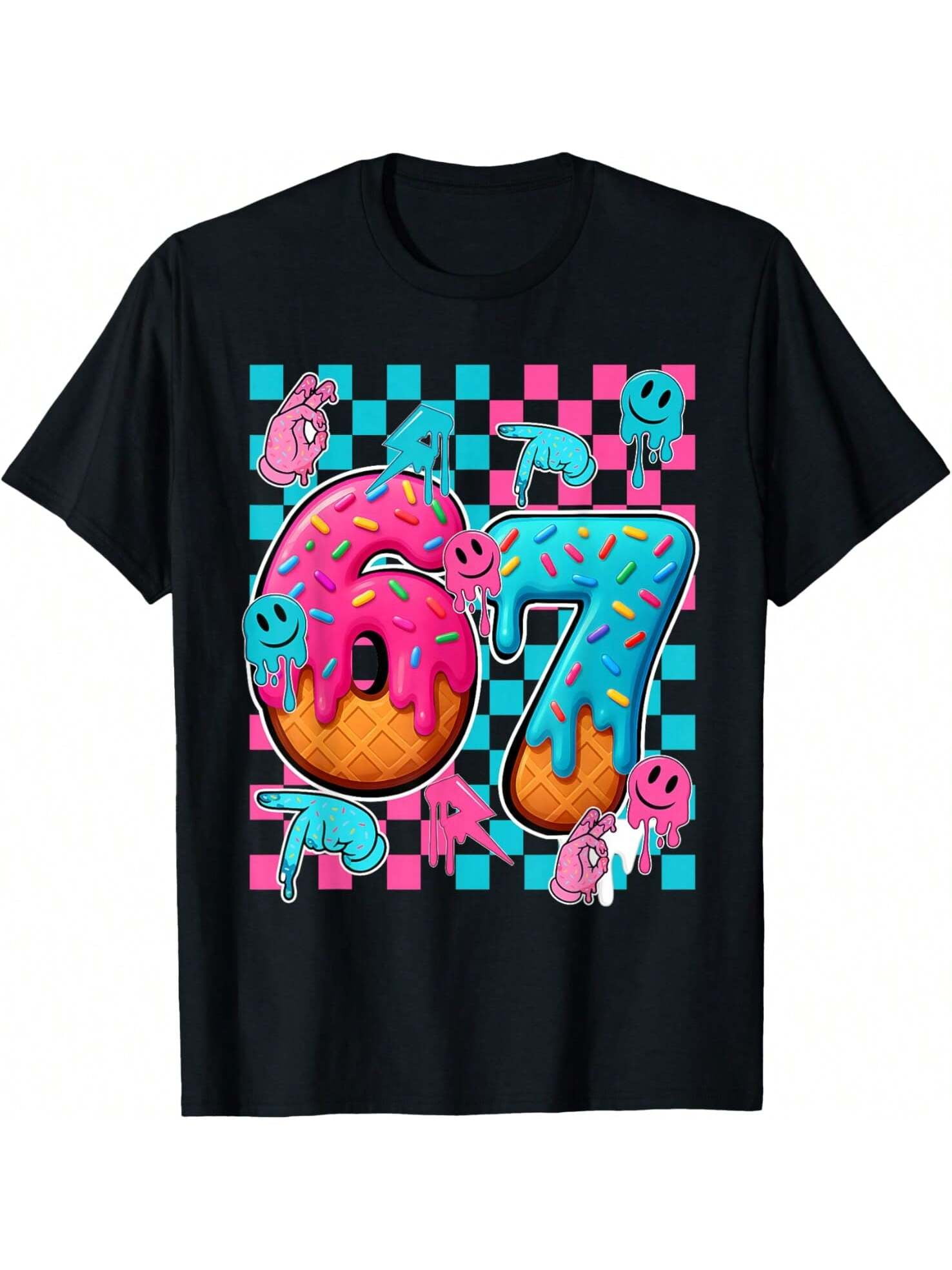 67th Birthday Donut Drip Checkerboard Unisex Graphic Short Sleeve T ...
