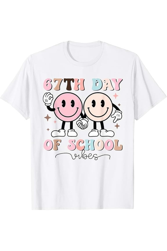 67th Day of School Vibes Retro Smiley Face Graphic T-Shirt for Students and Teachers