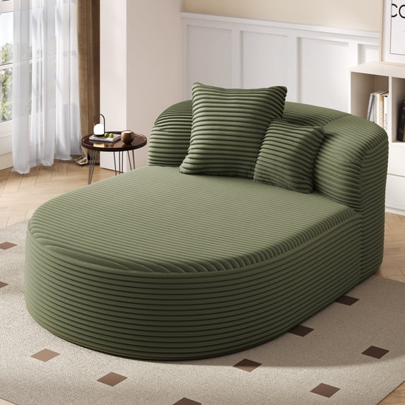 68.1" Modern Chaise Lounge Sofa with 55.3" Deep Seat, Corduroy Upholstered Boneless Sofa Bed with 2 Pillows, Sleeper Couch Reading Chairs for Living Room, Green