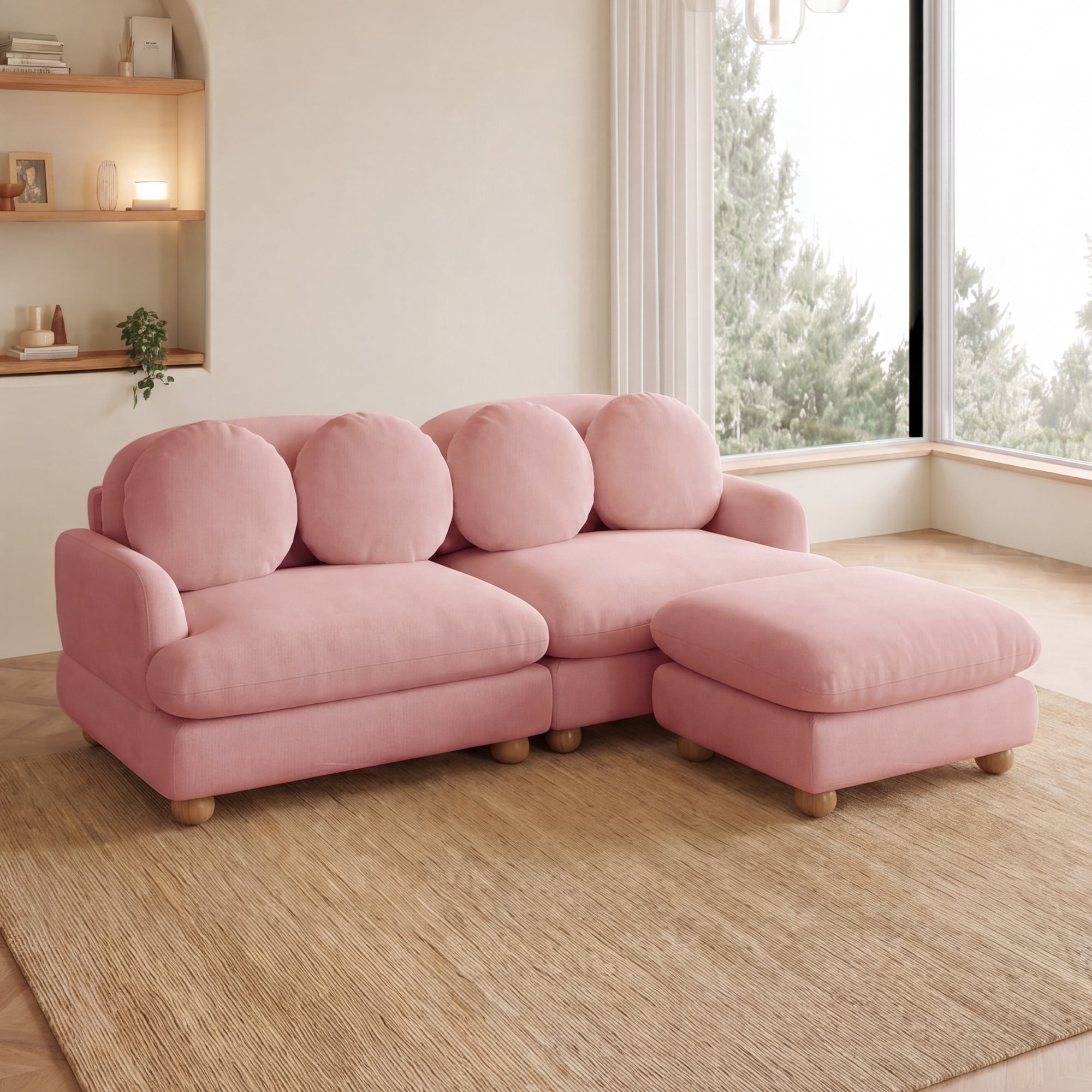 68" 3 Seater Chenille Loveseat Modular Sectional Sofa Couch with 4 Throw Pillows and Ottoman