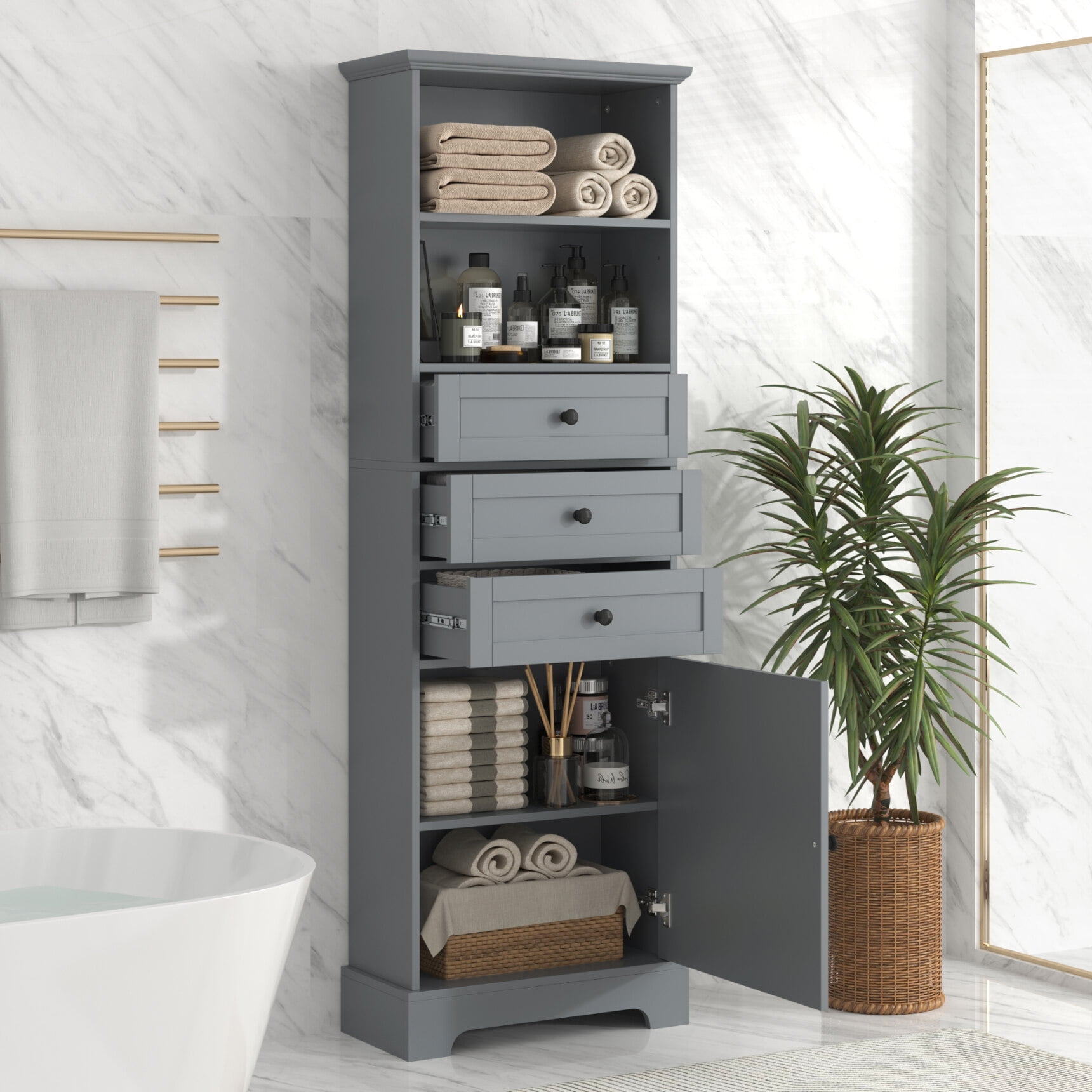 68.3" Tall Bathroom Storage Cabinet, Freestanding Storage Cabinet with 3 Drawers and Adjustable Shelves, Kitchen Pantry Linen Cabinet for Bathroom, Living Room, Dining Room, Office, Gray