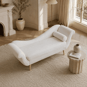 68.3" White Fabric Chaise Lounge with Scroll Arms, Birch Wood Legs