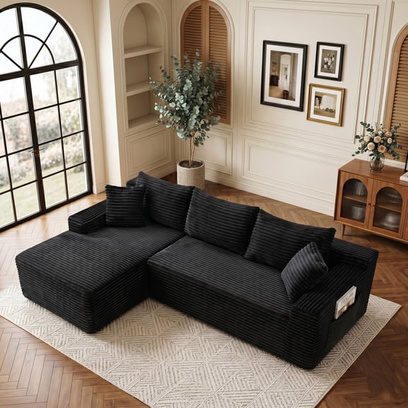 106" Cloud Sectional Boneless Couches for Living Room, Modular L Shaped Couch with Deep Seat Left Facing Chaise & Side Pockets, Corduroy Memory Foam 3 Seater Sofa for Apartment, No Assembly, Black