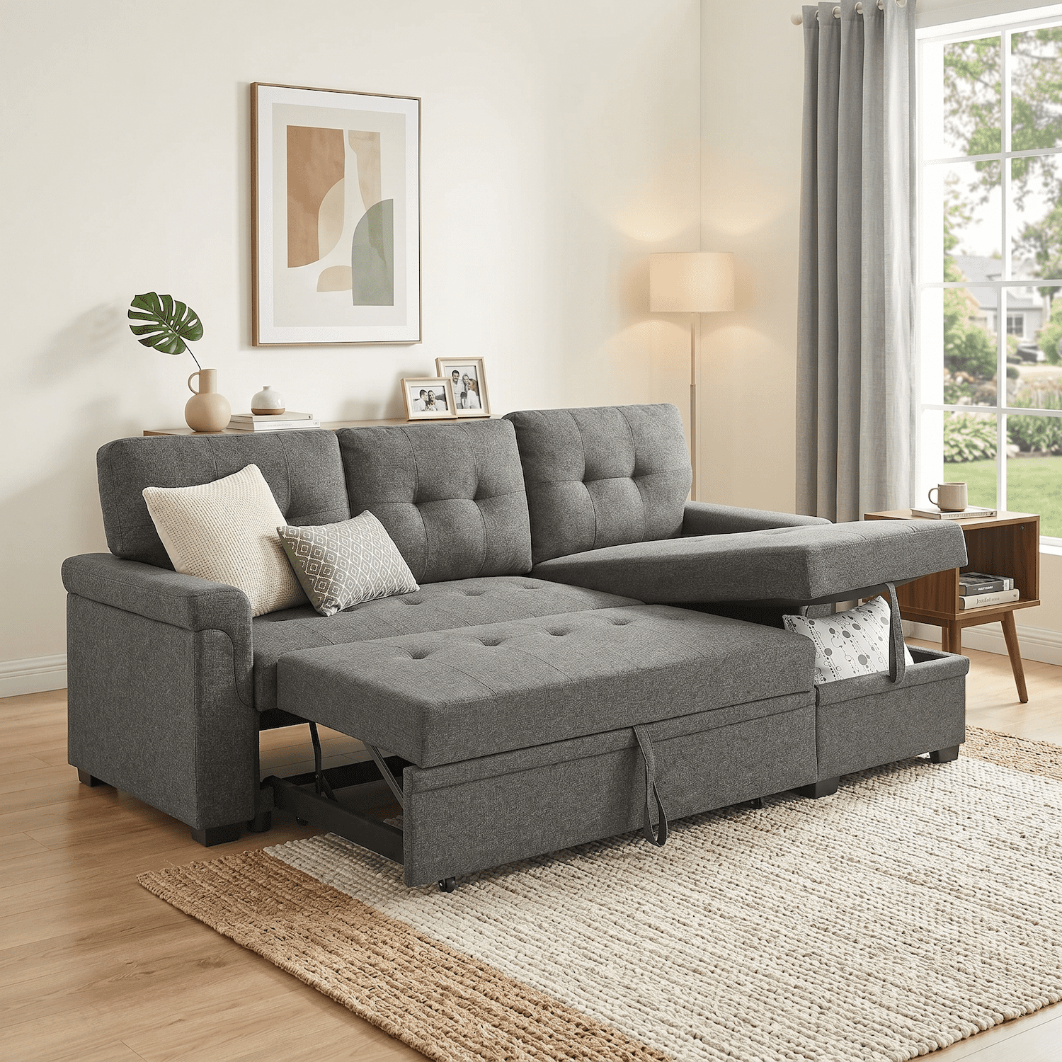 Convertible Sleeper Sofa Bed 86" L Shaped Sectional Couch with Pull Out Bed & Reversible Storage Chaise, Modern Linen Fabric Sofa Couch for Living Room Apartment (Gray)