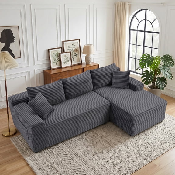 106" Cloud Sectional Boneless Couches for Living Room, Modular L Shaped Couch with Deep Seat Right Facing Chaise & Side Pockets, Corduroy Memory Foam 3 Seater Sofa for Apartment, No Assembly, Gray