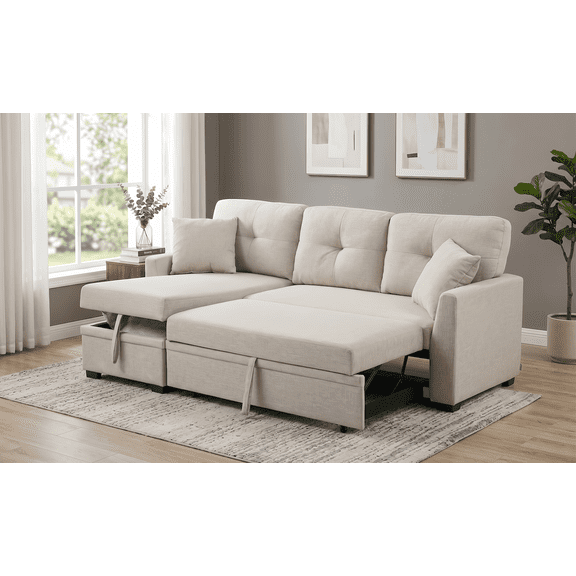 Convertible Sleeper Sofa Bed, 76.5" L Shaped Sectional Couch with Pull Out Bed, Storage Chaise & Reversible Lounge, Compact Linen Sectional Sofa for Small Space Apartment Living Room, Beige