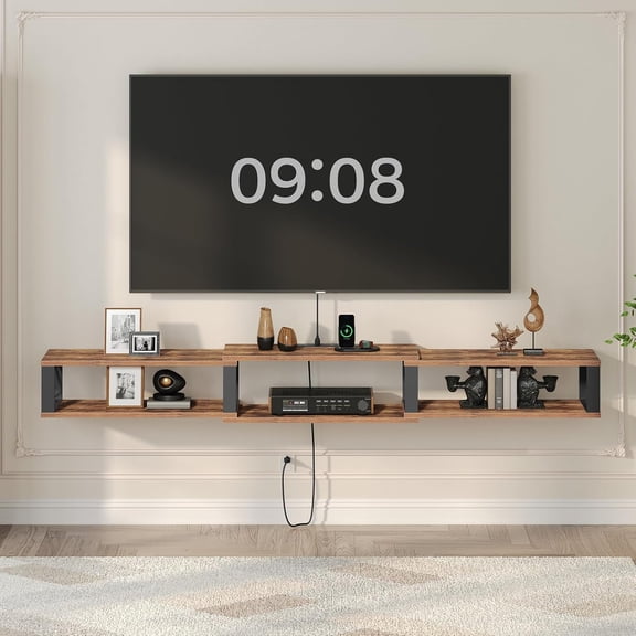 68.5" Floating TV Stand with Power Outlet, Wall-Mounted Entertainment Center for 75+ inch TV, Floating Media Console Shelf for Under TV Storage, Living Room, Bedroom, Rustic Brown