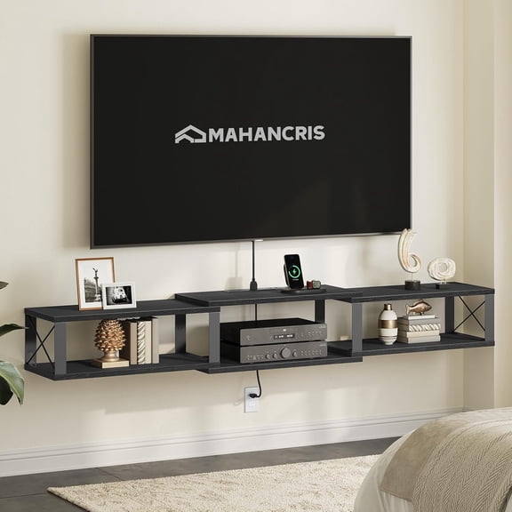 68.5" Floating TV Stand with Power Outlet, Wall-Mounted Entertainment Center for 75+ inch TVs, Floating Media Console Shelf for Under TV Storage, for Living Room, Bedroom, Black TVBK103E01