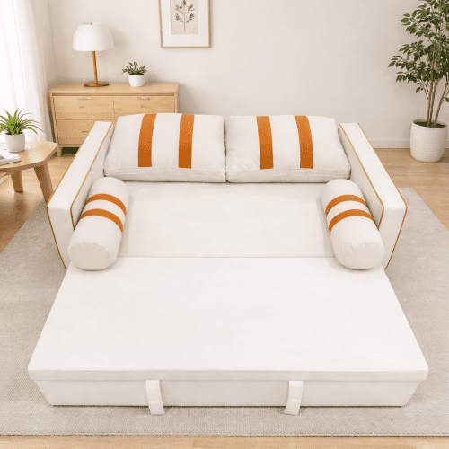 68.5 Inch Beige 2-Seater Pull Out Sleeper Sofa Bed with USB Charging Port, 3-Position Adjustable Backrest Convertible Loveseat for Living Room, Guest Room, Apartment
