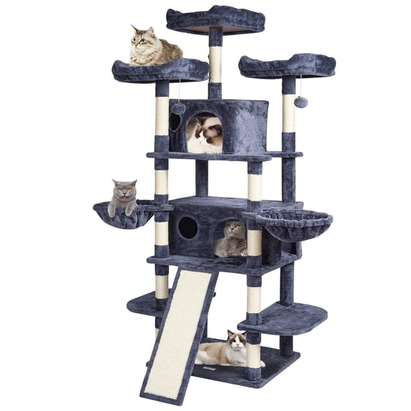 68.5 Inch Cat Tree Tower with 2 Condos Sisal Scratching Posts Hammocks Perches Platforms Ramp Activity Center Hang Balls Dark Grey