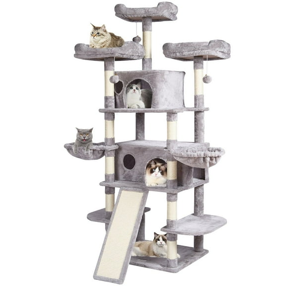 68.5 Inch Cat Tree Tower with 2 Condos Sisal Scratching Posts Hammocks Perches Platforms Ramp Activity Center Hang Balls Light Grey