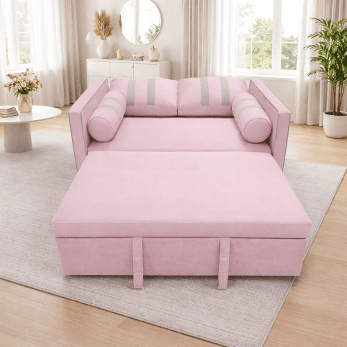 68.5 Inch Pink 2-Seater Pull Out Sleeper Sofa Bed with USB Charging Port, 3-Position Adjustable Backrest Convertible Loveseat for Living Room, Guest Room, Apartment