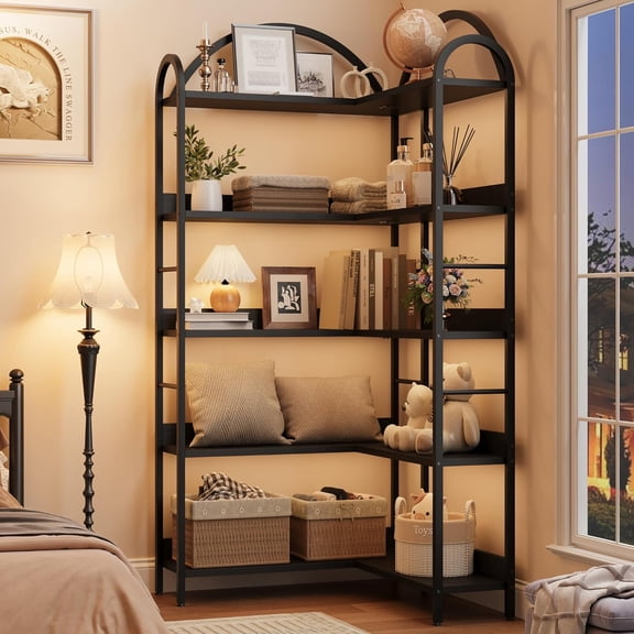 68.5" L-Shaped Bookshelf, 5-Tier Bookcase with Top-Arched, Open Shelf Book Display Rack for Home Office