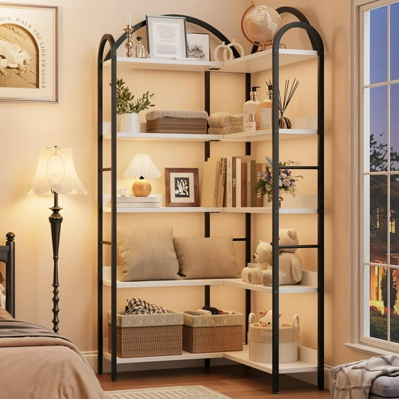 68.5" L-Shaped Bookshelf, 5-Tier Bookcase with Top-Arched, Open Shelf Book Display Rack for Home Office