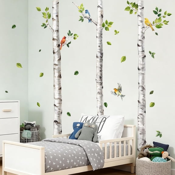 68.5" Large Birch Tree Wall Decal White Aspen Tree Birds Wall Stickers Peel and Stick Birches Wall Art Decor for Bedroom Living Room Office Baby Nursery(H 68.5" x W 65.4")