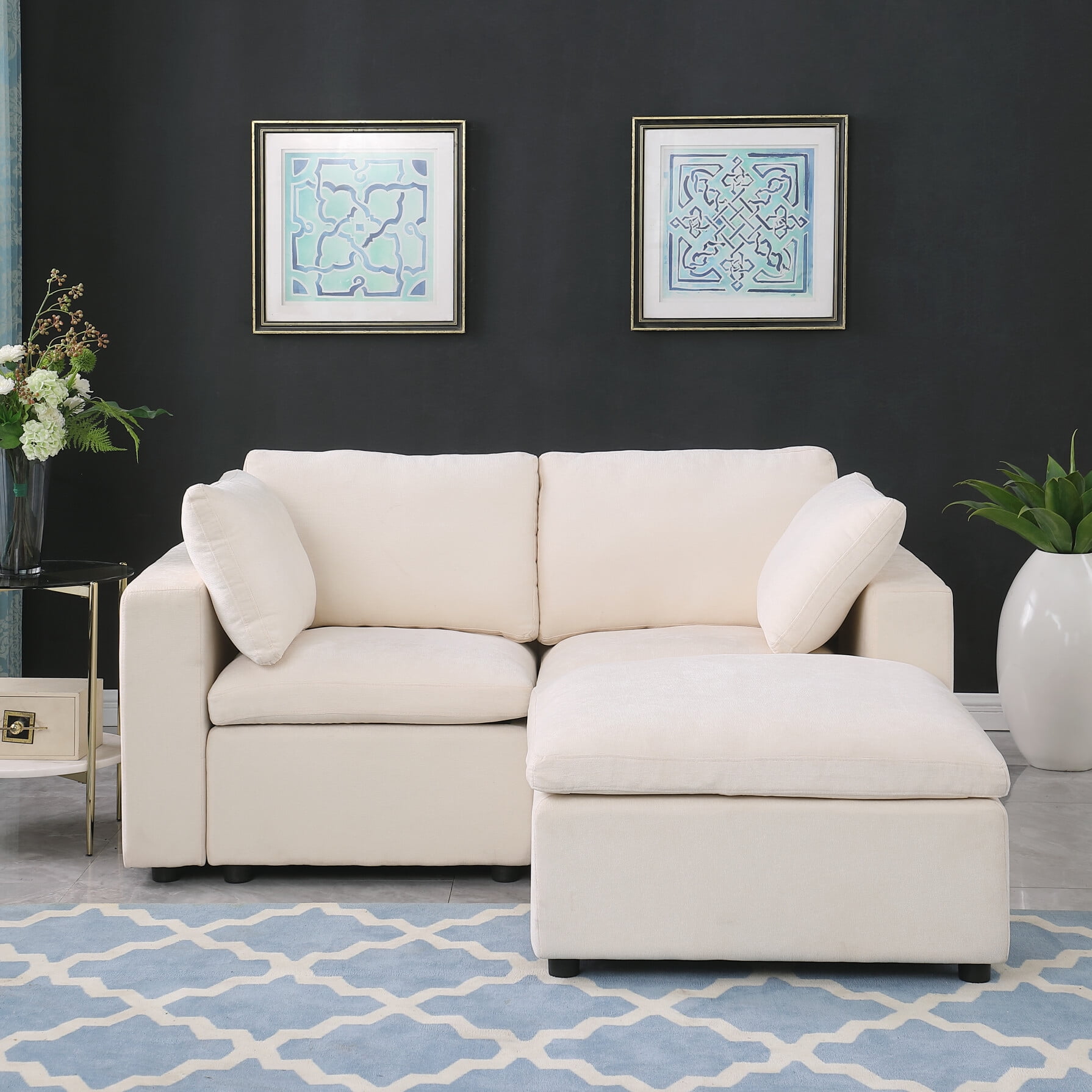 Panana L-Shaped Sectional Loveseat With Ottoman - Linen Fabric 2-Seater Sofa For Small Spaces