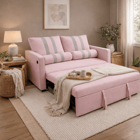 68.5" Pull Out Sleeper Sofa Bed with USB Charging Port, Adjustable 3-Position Backrest, Modern Convertible Loveseat Couch for Living Room Guest Room, Pink