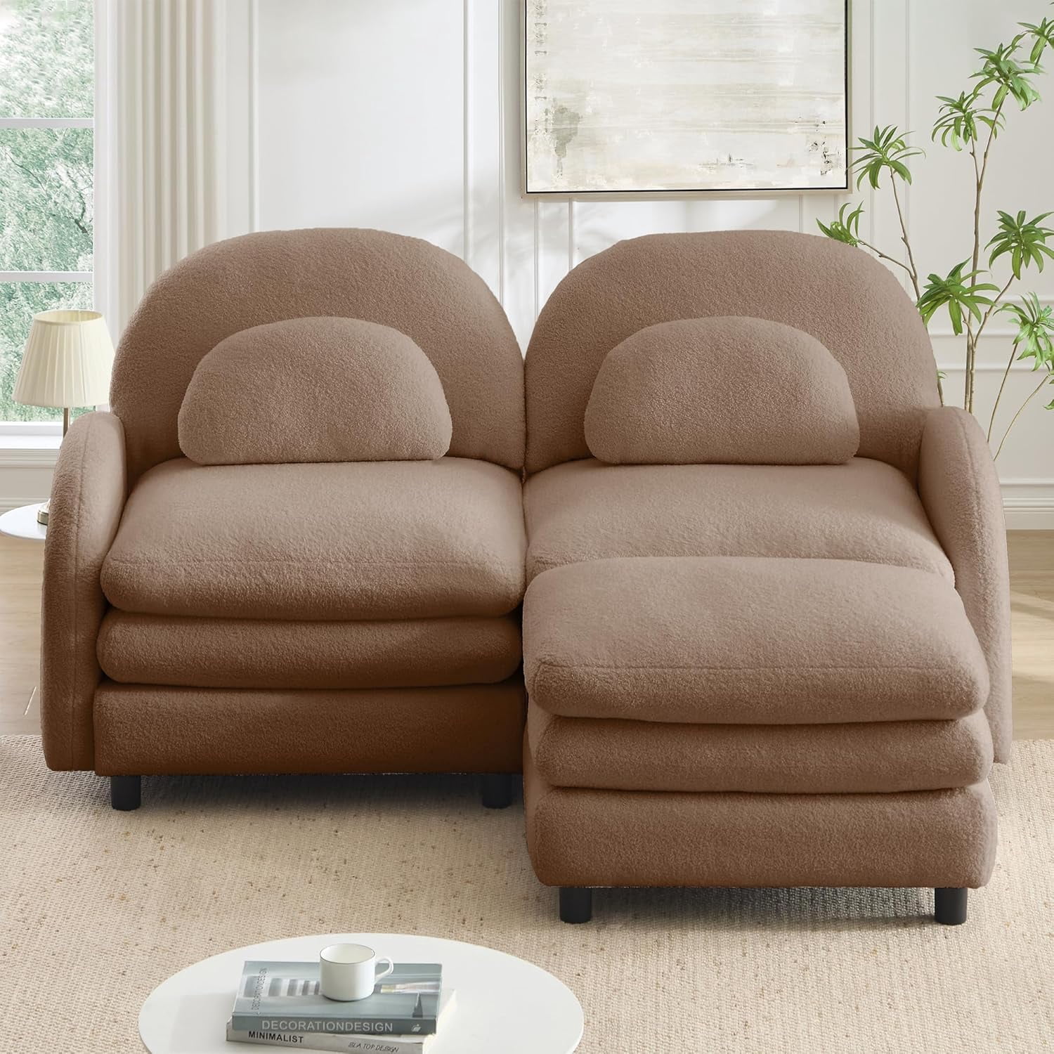 68.5" Sectional Loveseat with Chaise Ottoman Sherpa Fleece, Plush Comfortable Sofa Perfect for Small Living Room Furniture with Ergonomic Curved Design and Modern Apartment Studio Style, Camel