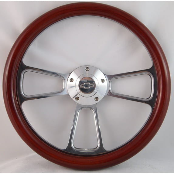 68-69 Chevy/GMC Van 14" Stained Mahogany with Rivets Brass Wood Billet Black Steering Wheel Set Adapter & Horn