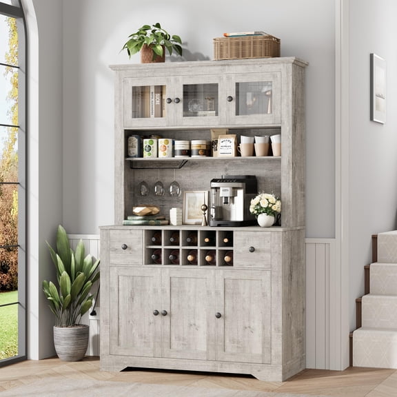 68.7" Coffee Bar Cabinet with LED Light & Power Outlet, Farmhouse Kitchen Hutch with 2 Storage Drawers, Wine Glass Rack, Adjustable Shelves, Tall Pantry Cabinet for Dining Room, Living Room Gray