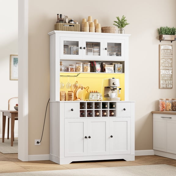 68.7" Farmhosue Bar Cabinet, Large Kitchen Buffet with Hutch Wine with Charging Station, 2 Drawers, 10 Storage Shelves, LED Rustic Coffee Bar for Dining