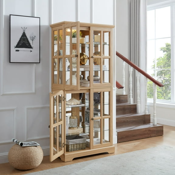 68.7'' H Glass Curio Display Cabinet with Light, 4 Tier Lattice Door Bookshelf Showcase with Adjustable Shelves for Collectibles, Retro Glass Display Case for Living Room, Oak