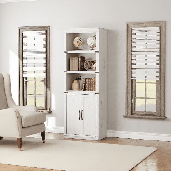 68.7" Tall 5-Shelf Bookcase with Storage Cabinet, Rustic Farmhouse Wooden Bookshelf with Doors, Freestanding 5-Tier Display Cabinet for Living Room, Bedroom, Home Office
